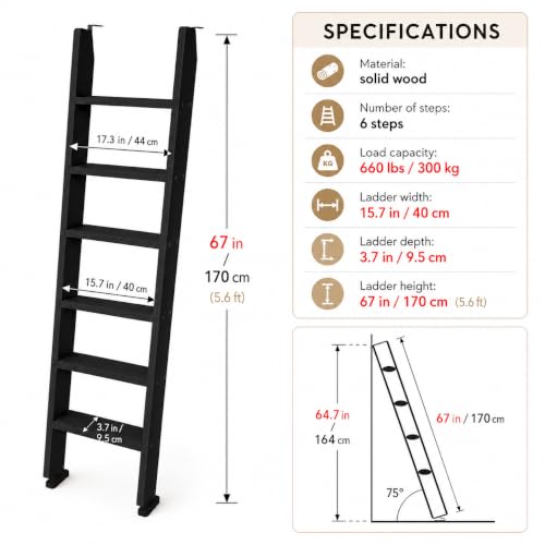 Image of 50 inch 55 inch 60 inch Black Wood Bunk Bed Ladder, Lofted /Dorm /RV Bed Bunkbed Ladders with 4in Extra Wide Steps and Non-Slip Pads, Replacement Wooden Ladder for Motorhome /Camping (Black, 67in /170cm)