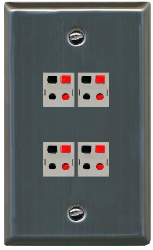 RiteAV 4 Port Speaker Wire Plug Jack Wall Plate - Flat Style [White]