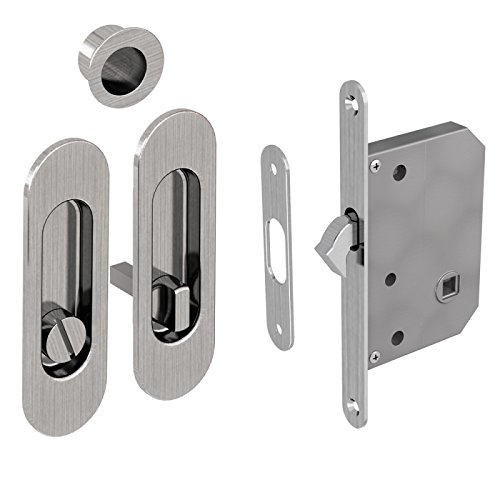 Preisvergleich Produktbild WC Hakenschloss Set für Schiebetüren, ovale Türrosette mit Griffmulde, Badezimmerschloss, Einsteckschloss, Nickel gebürstet