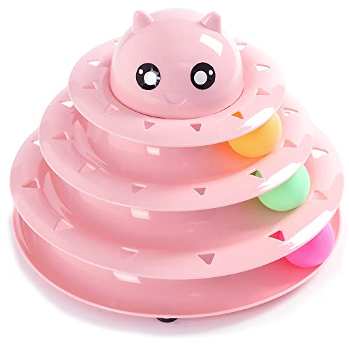 Vealind Juguete interactivo para mascotas, juguete de 3 niveles, torre de pistas, juguete para gatos (rosa rosa) Cover