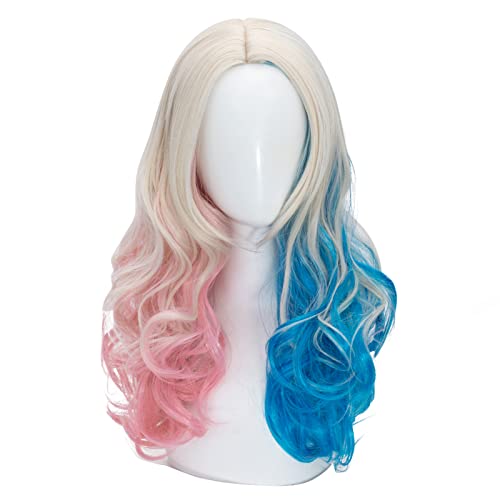 Pink and Blue Long Curly Wigs for Women No-bangs Clip on Ponytails Cosplay Wig Halloween Party Show Daily use Wig