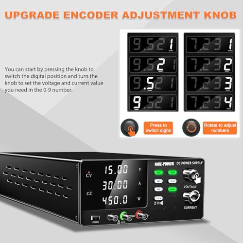 Image of NICE-POWER DC Power Supply Variable, 15V 30A 450W High Power Switching DC Regulated Bench Power Supply with Output Switch, OCP & OVP, Memory Function, Encoder Knob, 4-Digit LED Display, Lock Button