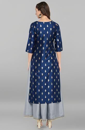 Image of Janasya Womens Silk Blend Gold Printed Layered Ethnic Dress with Inner