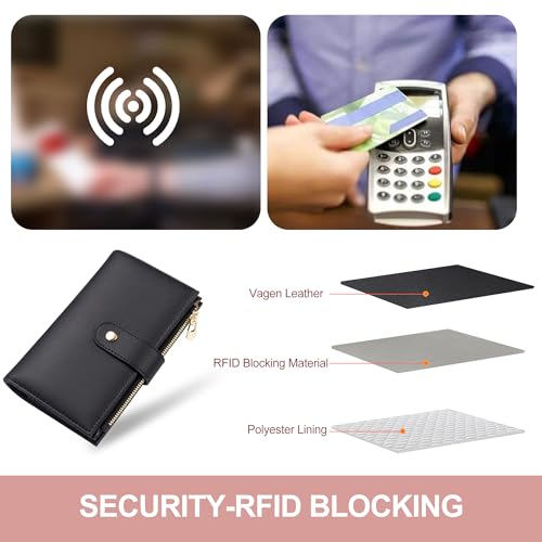 Image of yiijay Womens RFID Blocking Vegan Leather Trifold Clutch Credit Card Holder Ladies Travel Wallet Purse with Pen Holder, Black