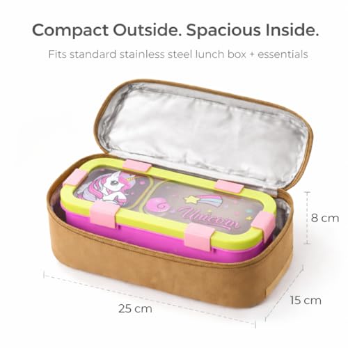 Image of Motka Kids Lunch Box 2 Compartment Combo with Insulated Bag | 700ml Stainless Steel Bento Box for Kids, Leakproof Silicone Seal, Built-in Cutlery, School Travel Food Container - Pink
