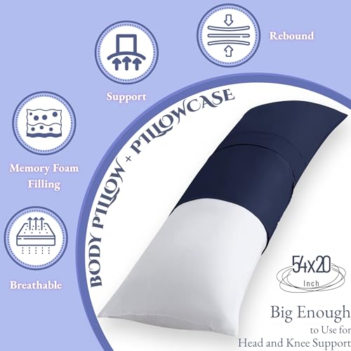 ELNIDO QUEEN Memory Foam Body Pillow with Cover, Full Large Body Pillows Insert for Adults with Envelope Closure Pillowcase, Firm & Fluffy Long Bed Pillows for Sleeping (20x54 inch, Navy) - Thumbnail 4