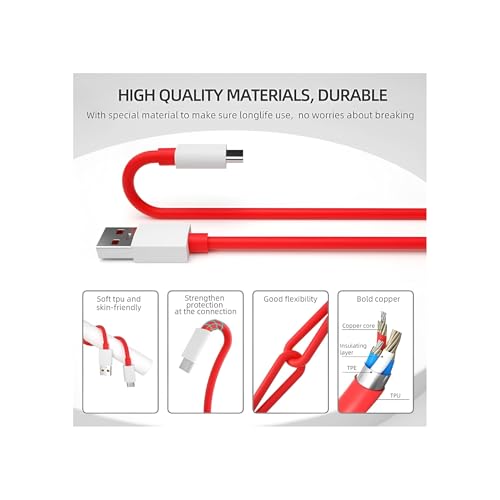 Image of Type C Cable Fast Charging - 65W | Warp /Dash Charge Compatible with All OnePlus & Type C Devices | USB A to Type C Cable | Fast Data Sync & Smart Protection Chip for Safe Power Control - Red