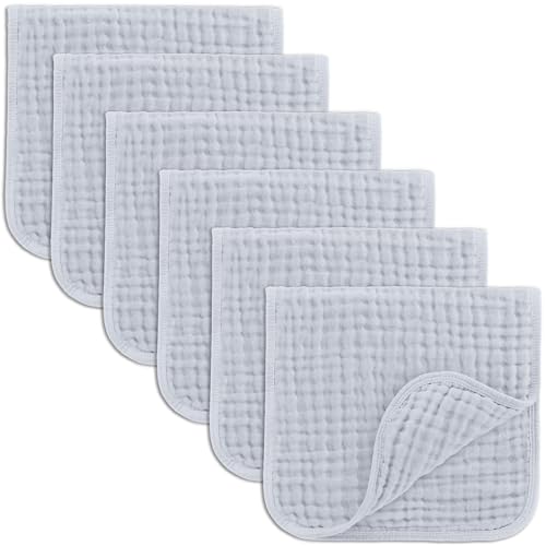 Image of Comfy Cubs Muslin Burp Cloths 20" x 10", Pack of 6 - Large, 6-Layer, Ultra Absorbent 100% Cotton for Baby Drool and Messes - Soft, Safe & Gentle Baby Burp Cloths Set for Boys & Girls - Slate