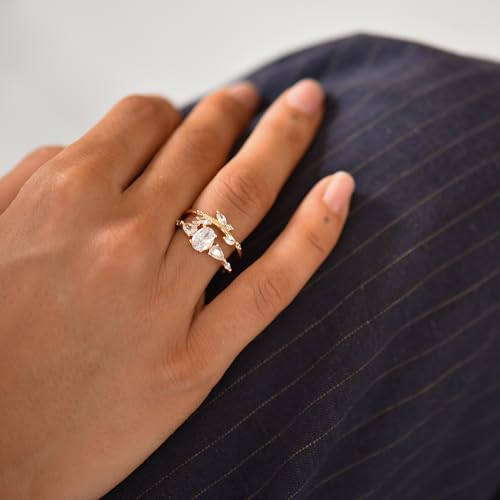 Modern Wedding Ring Stack | Three Stone CZ Engagement Ring | Women's 14K Gold Leaf Vine Wedding Band | Cubic Zirconia Bridal Set - Anniversary4