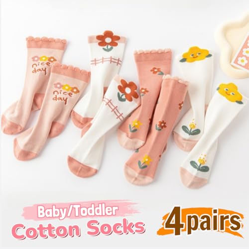 4 Pairs Toddler Baby Girl Boy Kids Socks, Cute Flower Floral Soft Cotton Crew Socks, 0~5T2