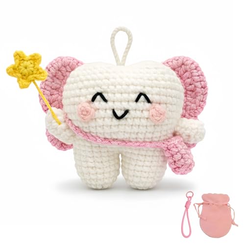 LUDEONA Tooth Fairy Crochet Plush with Detachable Tooth Pouch & Key Ring Mini Tooth Holder Door Hanger for Lost Teeth Includes Velvet Drawstring Bag Tooth Fairy Pillow Alternative (Pink)