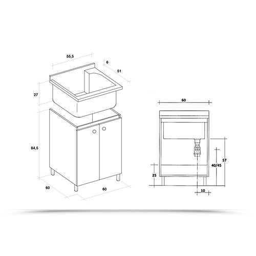 Mobile Lavatoio Interno Marca Arredamenti Montegrappa Look One 60X60 H85cm Economico Piedini Ripiano Salvagoccia Alluminio Struttura Legno Nobilitato Bianco Asse Vasca Termoplastico Lavapanni Pomello
