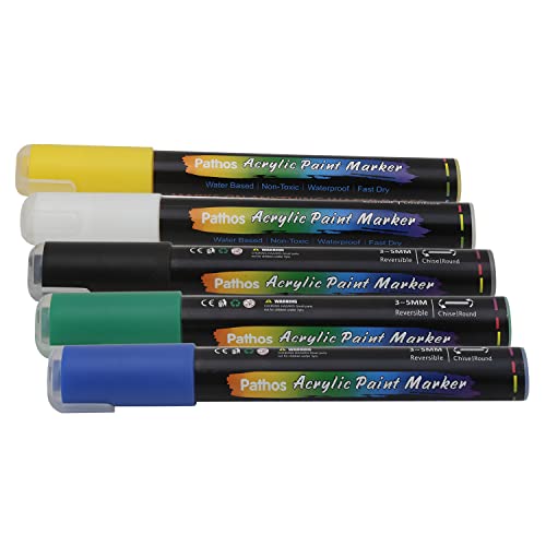 Image of Acrylic Paint Markers for Rock Painting, Stone, Glass, Metal and Ceramic Yellow Green White Black Blue pack of 5