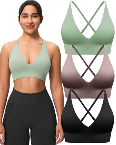 Image of Evercute Women's Sports Bras 3 /4 Pack Adjustable Deep V Neck Bras Wireless Spaghetti Strap Criss Cross Padded Low Support Bra