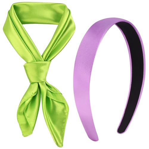 Cyunda Green Silk Scarf and Purple Satin Headbands Set Halloween Costume Accessories for Women Wide Satin Hair Band and Square Neck Scarf for Cosplay and everyday wear