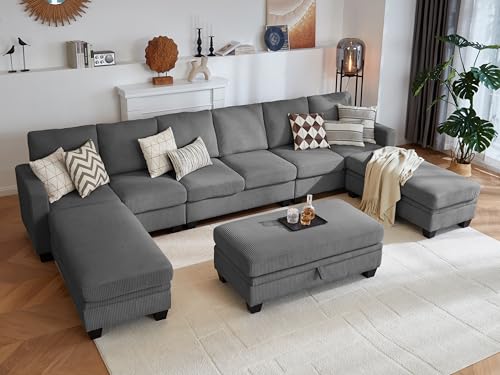 Image of CHIC HOUSE Modular Sectional Couch| Corduroy L Shaped Sleeper Sofa, U-Shape Sofa Bed Convertible Chaise with Storage Ottoman for Living Room Modern Furniture (Dark Grey, 12 Seater Sleeper)