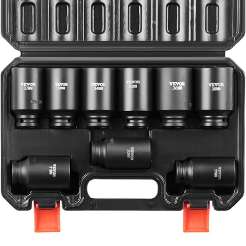 VEVOR 1/2" Drive Impact Socket Set, 9 Piece Deep Socket Set Metric 29-38mm, 6 Point Cr-Mo Spindle Axle Nut Impact Socket Set for Auto Repair,Easy-to- Read Size Markings, Includes Storage Cas