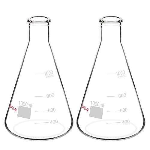StonyLab (2 Pack) 1000ml Narrow Mouth Erlenmeyer Glass Flasks with Heavy Duty Rim, 1 L (1 Liter)