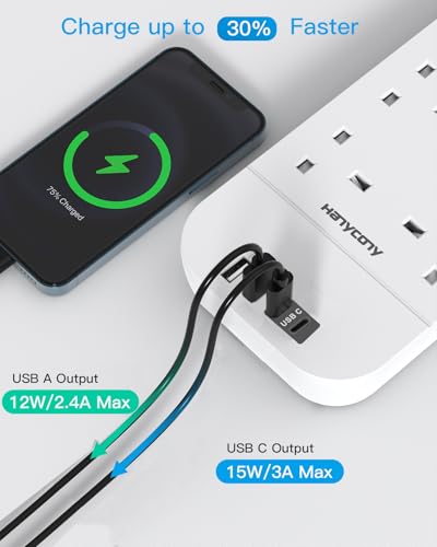 Extension Lead with 2 USB C Slots, 8 Way Outlets Power Strip with 4 USB Ports, 1800J Surge Protection Double Switch Plug Extension with 1.8M Braided Extension Cord for Home, Office - Image 4