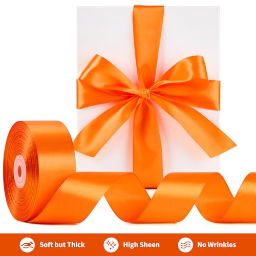 Image of Mauproy 1-1 /2 Inch Wide Torrid Orange Satin Ribbon, 50 Yards Solid Polyester Fabric Ribbon for Roses Making, Gift Wrapping, Flower Bouquets, Wedding Decorations, Handmade Crafts