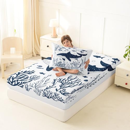 Image of jejeloiu Dolphin Bed Sheets Sets Queen Size Kids Boys Girls Sea World Bedding Set Summer Bed Sheet Set with 16-Inch Deep Pockets Tropical Ocean 4Pcs with 2 Pillow Cases