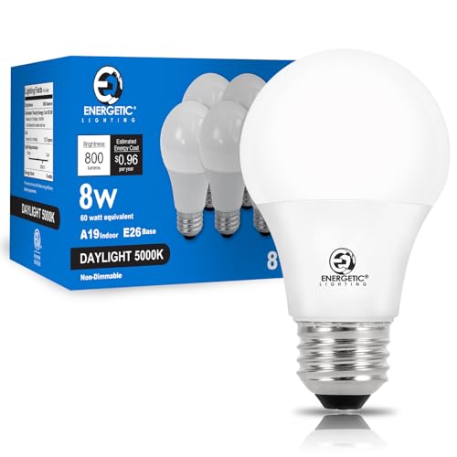 E ENERGETIC LIGHTING Light Bulbs 60 Watt Equivalent A19 Daylight LED Light Bulbs 15000 Hrs E26 Base 8W 800LM 5000K Light Bulb ETL Listed Non-Dimmable 8-Pack