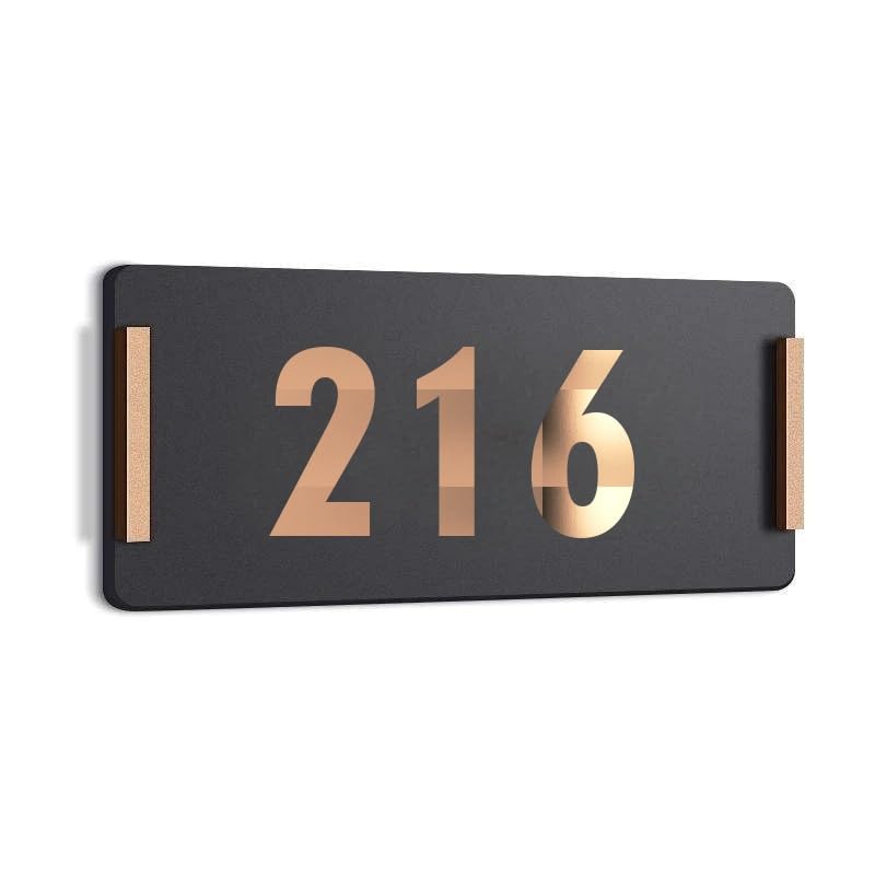 Image of HOTEL ROOM NUMBER PLATES - 216| Black acrylic board fixed mirror gold number | Easy installation type double sided tape fixed on backside