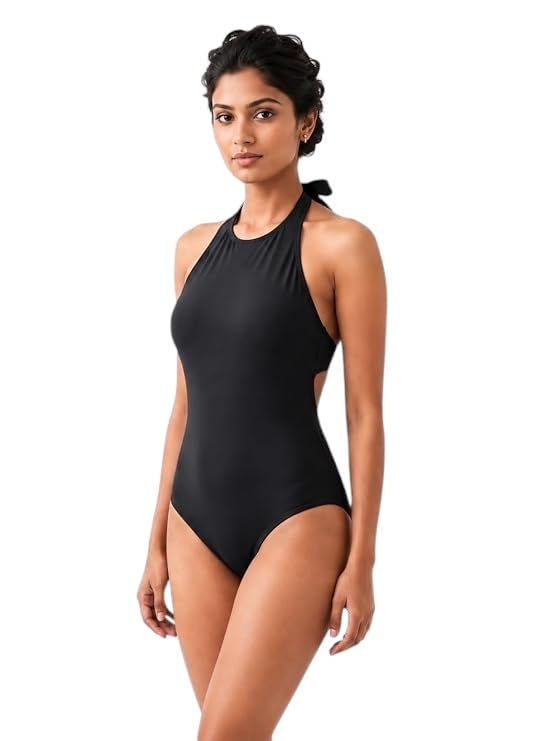Women's Black Halter Neck One Piece Swimsuit | Backless Solid Swimwear | Stretchable Quick Dry Monokini | Beach Wear & Pool Bathing Suit for Women-picture-41