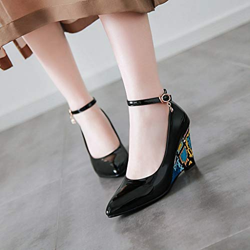 MIOKE Women's Fashion Wedge High Heel Pumps Pointed Toe Ankle Strap Comfy Chunky Dress Party Wedding Shoes3