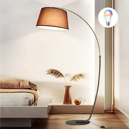ShineMuse Bogenlampe Wohnzimmer Stehlampe,15W RGB-Gl&uuml;hbirne dimmbar,Gro&szlig; Vintage Stehlampe Schwarz Gold, Boho Stehleuchte, Fu&szlig;schalter