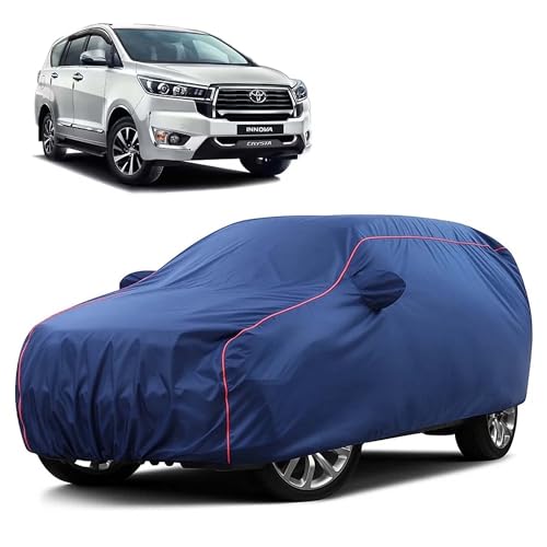 Image of Sulfar 100% Water Resistant Car Body Cover Compatible with Mirror for Toyota Innova Crysta (Triple Stitched, Full Bottom Elastic, Blue Taffeta with Red Piping)