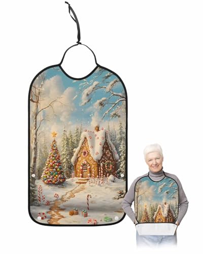 Christmas Adult Bib for Adults Men, Women, Snowy Xmas Tree Cottage House Vintage Washable & Adjustable Terry Cloth Bib with Crumb Catcher Reusable Waterproof Clothing Clothes Protector Apron