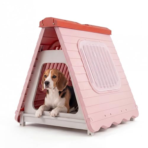 COSTWAY Cuccia Pieghevole per Cani, Casetta in Plastica per Cane con Porta a Battente Bloccabile e Finestre Ventilate, Cucce Impermeabile e Portatile per Cani Piccoli e Medi (Rosa)