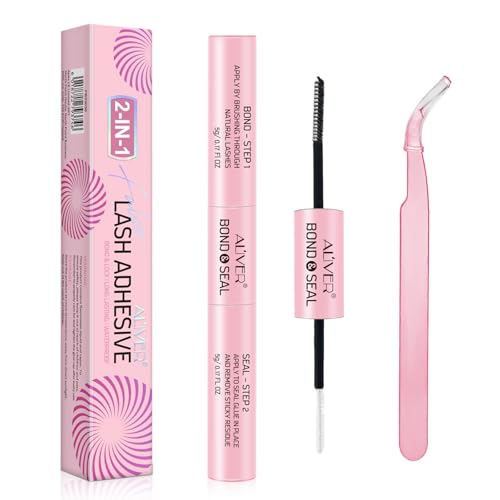 ALIVER Eyelash Adhesive and Sealant 2 in 1 Eyelash Adhesive and Sealant and Pink Tweezers Waterproof and Sweatproof Cluster Eyelash Glue for Eyelash Extensions Long Lasting Strong Eyelash Glue Pink