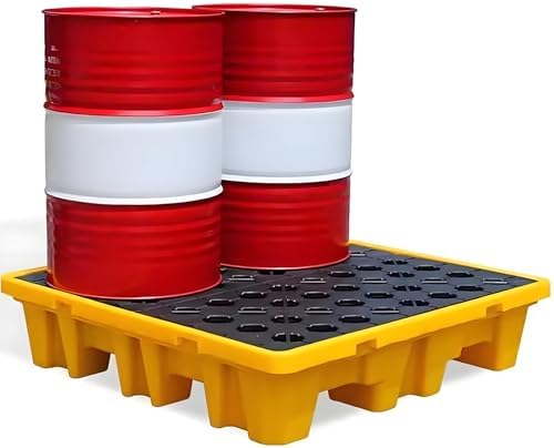 Yellow and Black Spill Containment Pallet - Stackable Polyethylene Spill Control Platform for Oil Drums, 33.5x33.5x5.5cm, Ideal for Warehouses and Factories