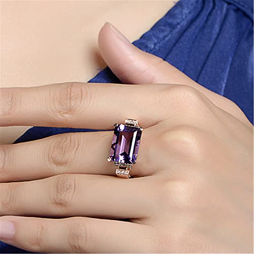 925 Sterling Silver Womens Rectangle Purple Gemstone CZ Ring Fashion 18K Rose Gold Natural Amethyst Ring Shiny Cubic Zirconia Diamond Ring Eternity Engagement Wedding Band Promise Ring (8)2