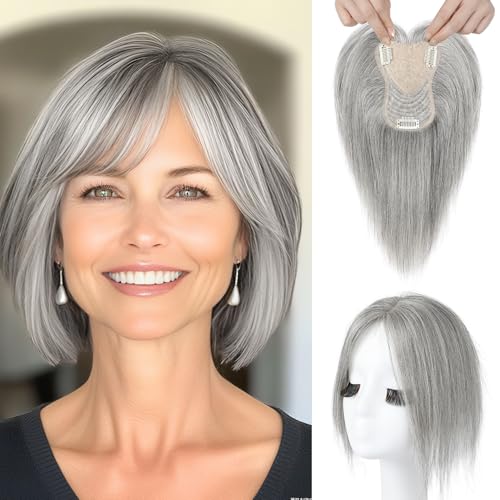 REECHO Human Hair Toppers for Women Real Human Thick Hair Topper Invisible Wiglett for Daily Wear Adding Instant Volume, Gray