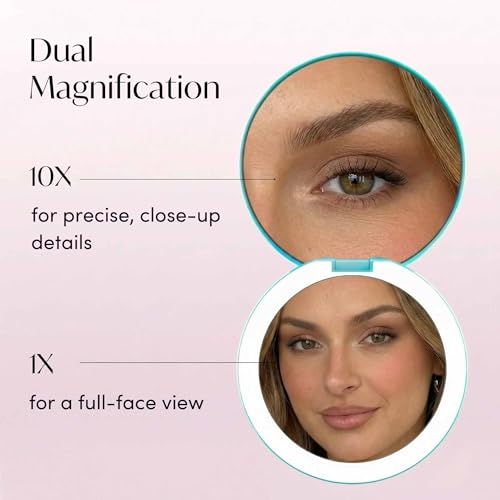 Image of Fancii Taylor LED Lighted Travel Makeup Mirror, Rechargeable, 10x /1x Magnifying, Tru-Glow Lighting System, XL Large 5 inch Wide | Compact Mirror for Purses (Sea Serenity)