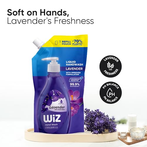 Image of Wiz Lavender Hand Wash Refill Pouch - 1L (Pack of 3) | pH Balanced | 70% Less Plastic | Soothing Lavender Scent | Germ Protection | Gentle & Moisturizing Formula