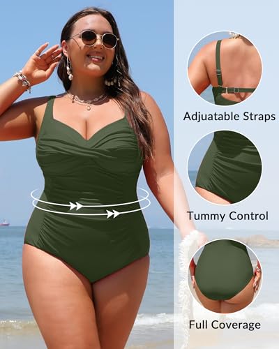 Image of Women Plus Size One Piece Swimsuits Tummy Control Twist Front Bathing Suit