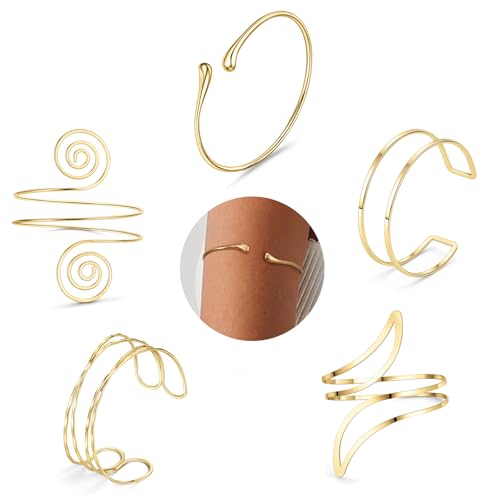 Giovanchi 5 Pieces Gold Arm Cuff Jewelry Upper Arm Cuff Bracelets Bangle Adjustable Coil Gold Arm Band Set for Women