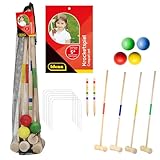 Krocketspiel aus Holz mit Schlägern, Bällen, Metalltoren und Zielmarkierungsstäben, im praktischen Tragenetz, unterhaltsames Freizeitspiel für den Garten und Park - Idena 40609