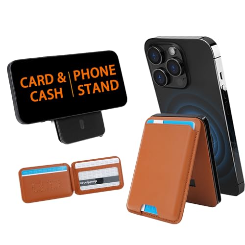 Image of Men's Magnetic Leather Wallet, MagSafe RFID Card Holder with Stand Brown