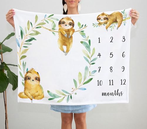 Image of Yuzioey Sloth Milestone Blanket, Safari Baby Growth Chart Monthly Blanket, Watch Me Grow Sloth Baby Nursery for New Moms Shower(50 inchx40 inch)