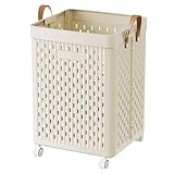 UAK 67L Plastic Laundry Basket with Wheels & Handle, Heavy Duty Foldable Laundry Hamper – Easy Clean Waterproof Rolling Organizer for Bathroom & Laundry Room, Ivory