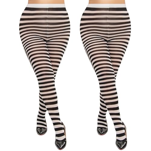MANZI 2 Pairs Women's Plus Size Colored Striped Tights 40D Nylon Striped Pantyhose for Halloween Christmas