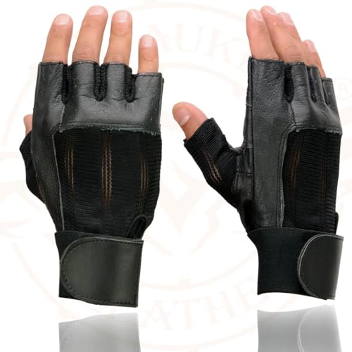 Image of Milwaukee Leather SH198 Men's Black Flame Embroidered Fingerless Gloves with Gel Palm