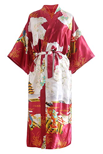YAOMEI Novia Mujer Vestido Kimono Satén, Camisón para Mujer, Sedoso Flores de Geisha Robe Albornoz Dama de Honor Ropa de Dormir Pijama, S-2XL (Busto: 126cm, de S a 2XL., Darkred)