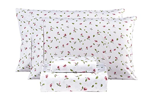 Image of Mooreeke Queen Sheets Set - 4 Pieces Soft Breathable Microfiber Bed Sheet Set - Pink Flower Green Leaf Pattern Sheet Set - Deep Pocket Non-Slip Floral Printed Fitted Sheet Included for All Season