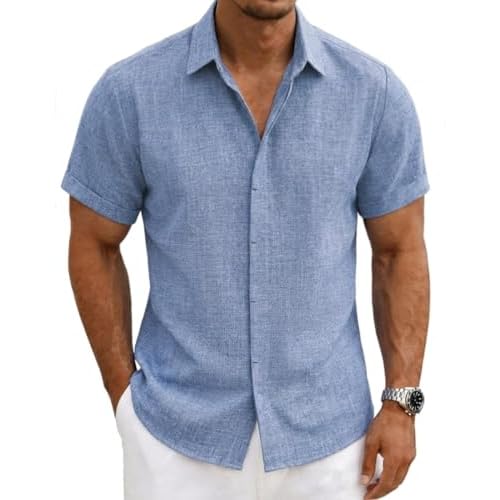 Mens Linen Shirts Short Sleeve Casual Shirt Button Down Summer Beach Vacation Tops Men Casual Dress Shirts Breathable 4X-Large 00140_blue